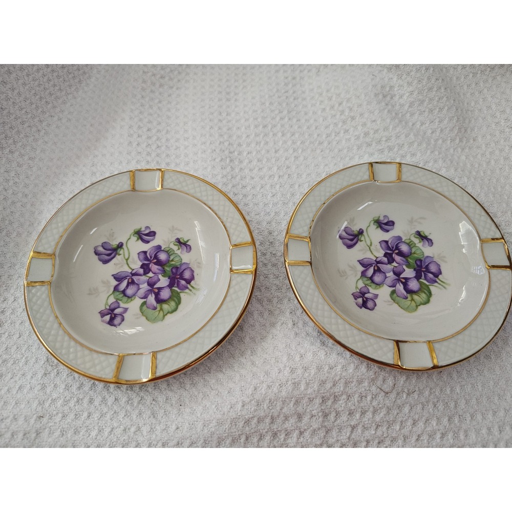 Ashtrays White Schumann Germany Violets Floral Gold Trim‎ Set of 2 Vintage